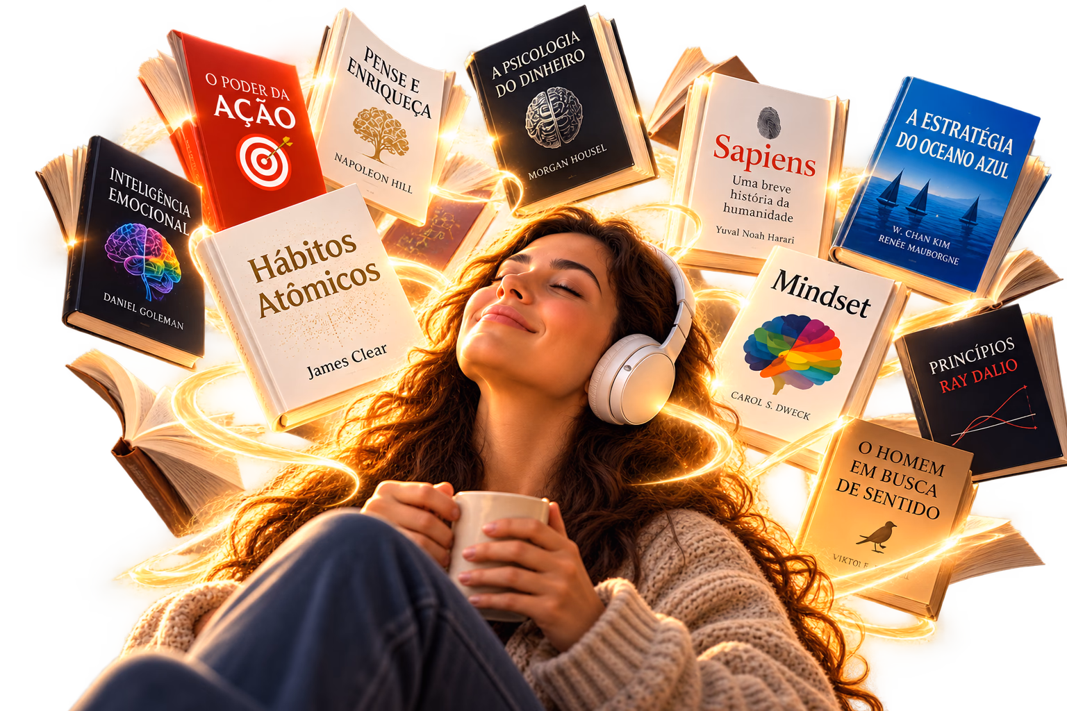 Pessoa ouvindo audiobooks com capas de best-sellers ao redor